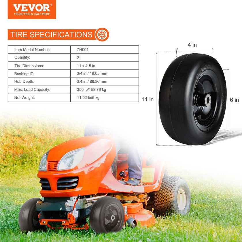 VEVOR Lawn Mower Tires With Rim, Tubeless Tractor Tires, 2-Pack Tire And Wheel Assemby, Flat-free PU Tire, Centered Hub, Bushing Size, 20 PCS Adapters For Riding Mowers Lawn Tractors