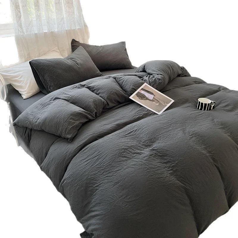 Solid Colour Sanding Washed Cotton 4-Piece Duvet Cover Bed Set