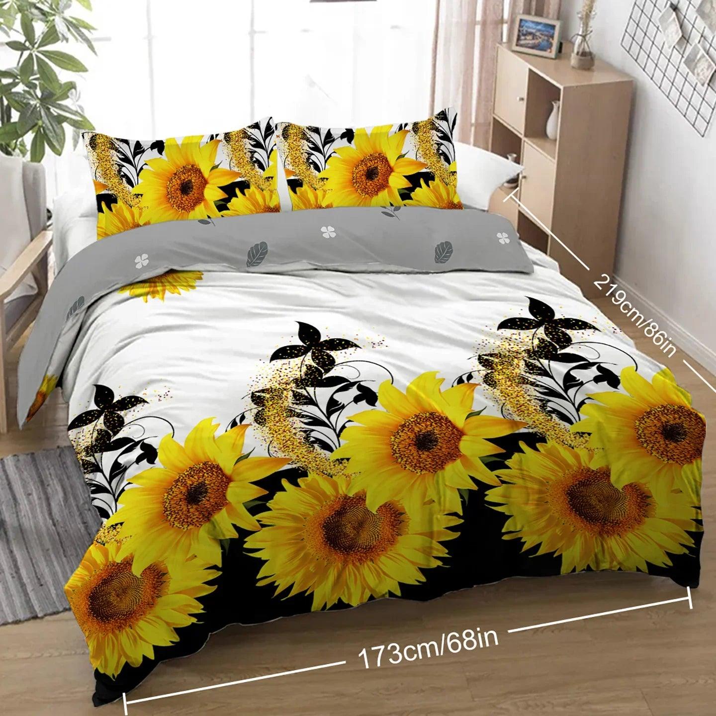 3 Pieces Black And White Background Sunflower Duvet Cover Set Yellow Flower Polyester Bedding Set For Adults Bedroom Decor Twin Full Queen King Size