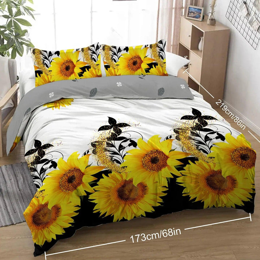 3 Pieces Black And White Background Sunflower Duvet Cover Set Yellow Flower Polyester Bedding Set For Adults Bedroom Decor Twin Full Queen King Size