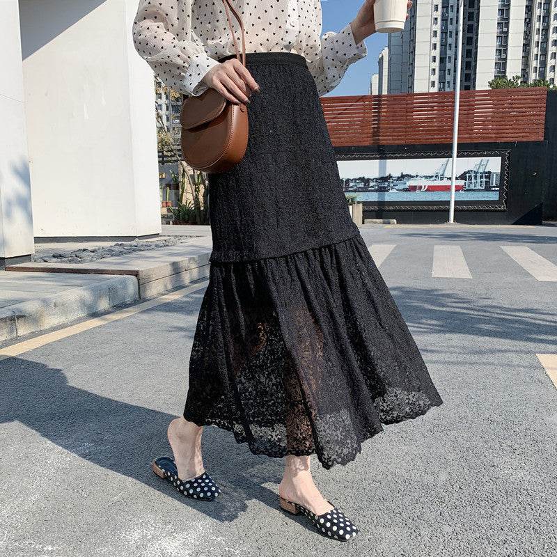 Spring Summer Women High waist Lace Midi Skirt
