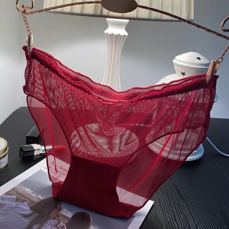 Women's Mesh Transparent Seamless Low-Waist Briefs Breathable Hollow Lace