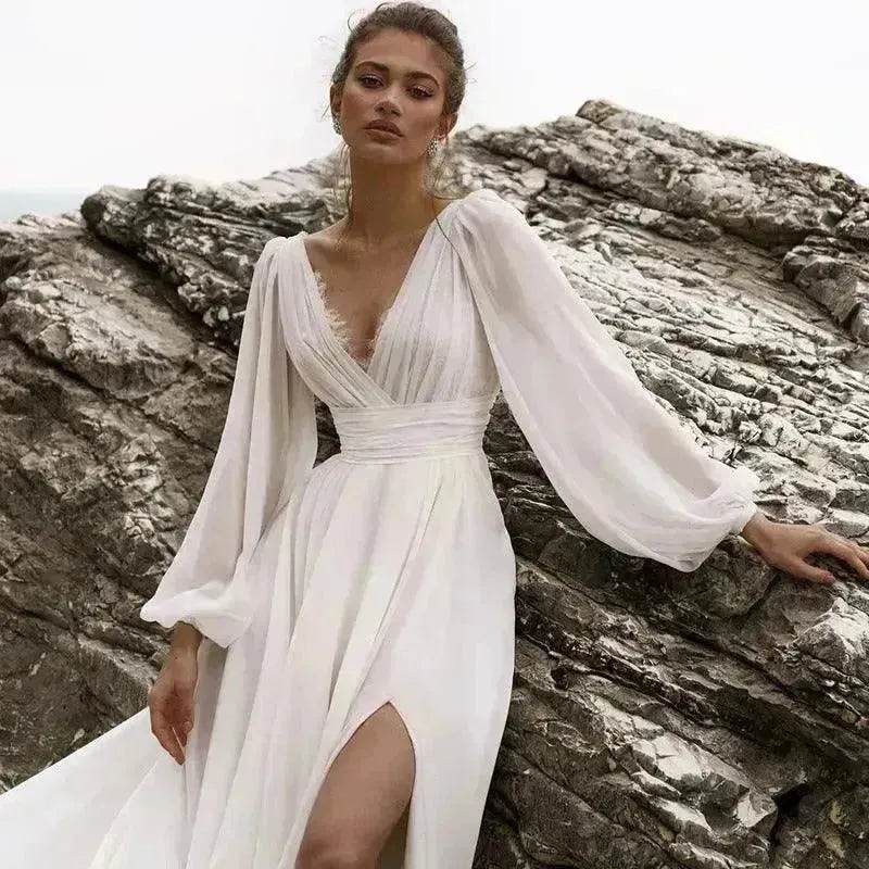 Beach Boho Wedding Dress Puff Sleeve V Neck Bridal Gown