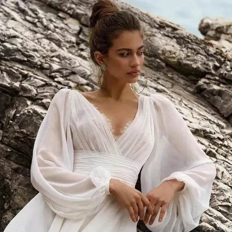 Beach Boho Wedding Dress Puff Sleeve V Neck Bridal Gown