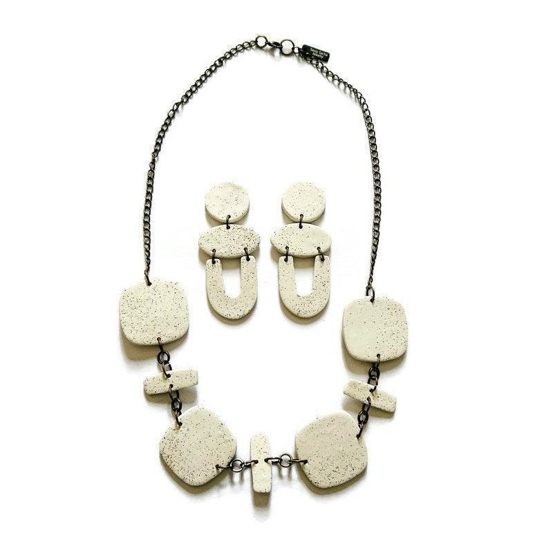 Long White Beaded Necklace Handmade from Clay & Beach Sand