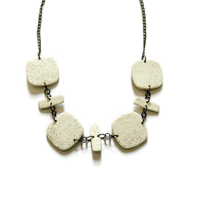 Long White Beaded Necklace Handmade from Clay & Beach Sand