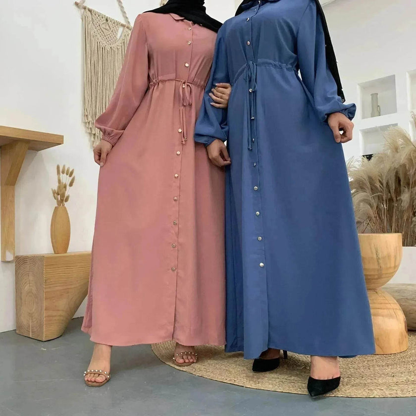 Beautiful Solid Color Full Button down Abaya Dress for Arabian Dubai Turkey Middle East Women