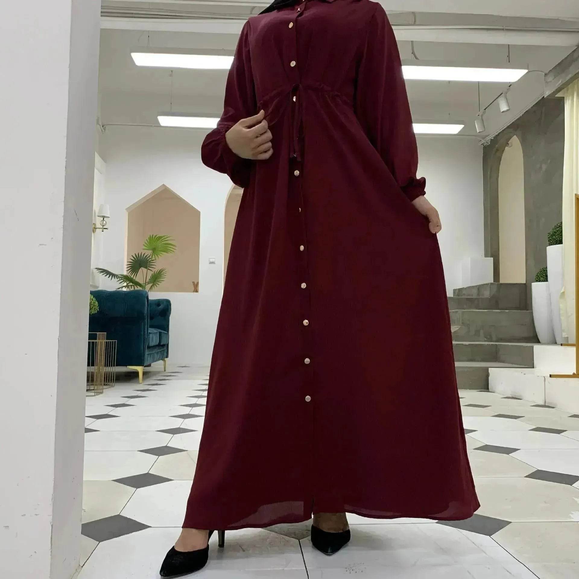 Beautiful Solid Color Full Button down Abaya Dress for Arabian Dubai Turkey Middle East Women