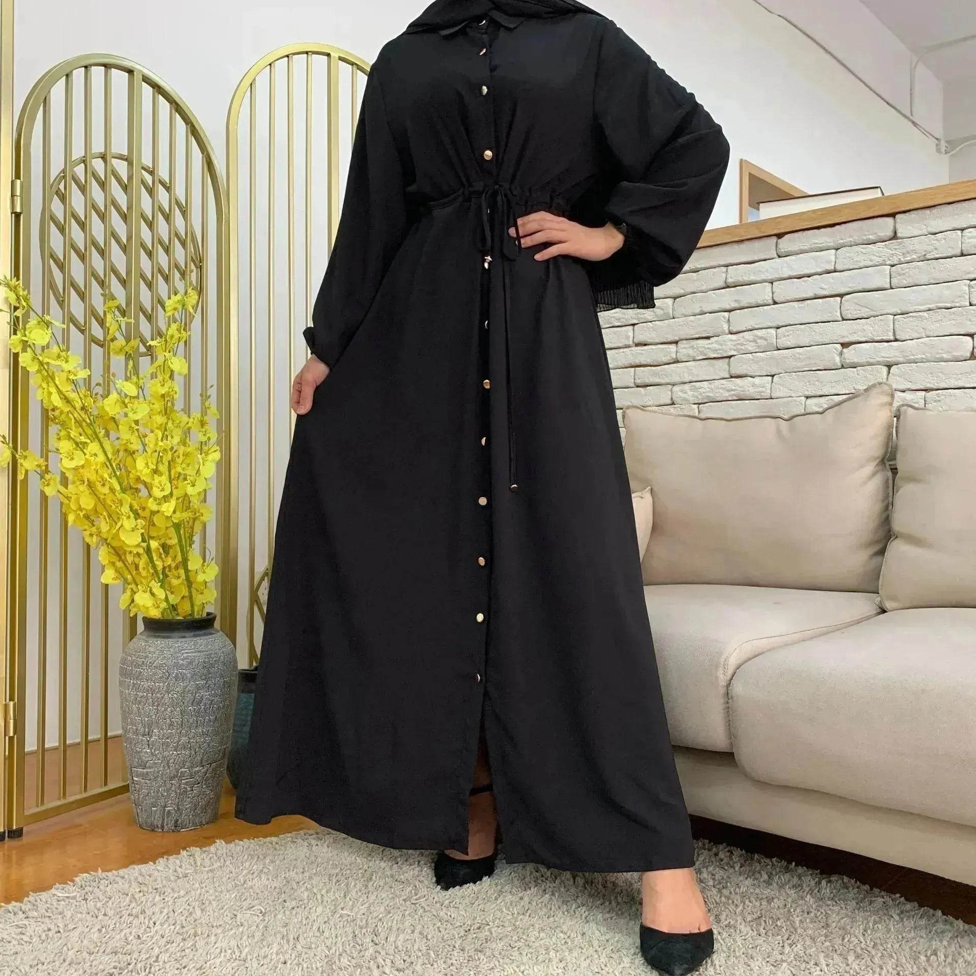 Beautiful Solid Color Full Button down Abaya Dress for Arabian Dubai Turkey Middle East Women