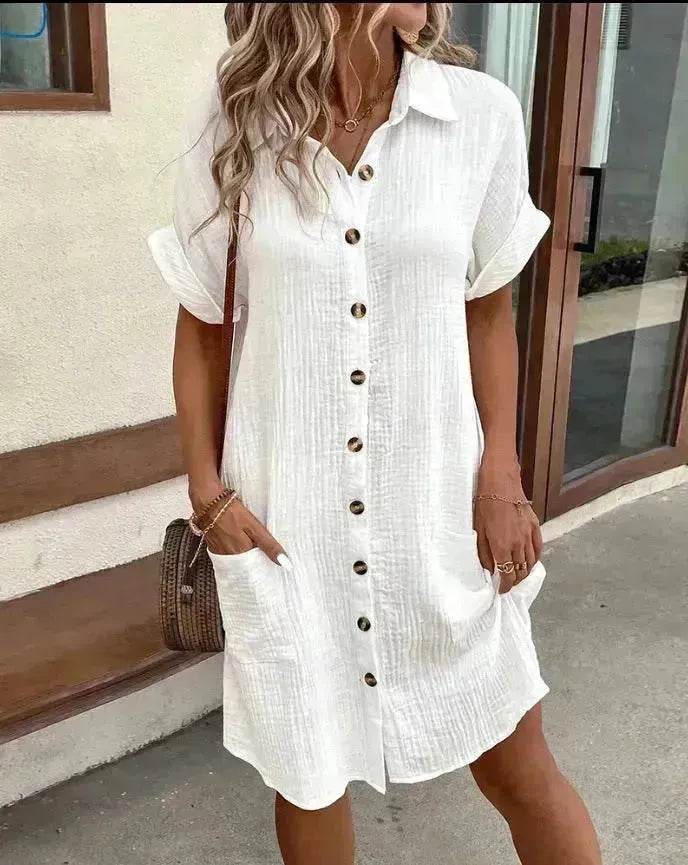 Womens Button Down Shirt Dress Summer Cotton Linen Dress V-Neck Mini Dress Casual Short Sleeve Loose Tunic Dresses