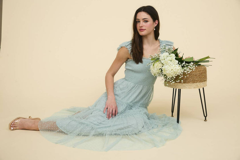Polka Dot Chiffon Tiered Dress | Sage