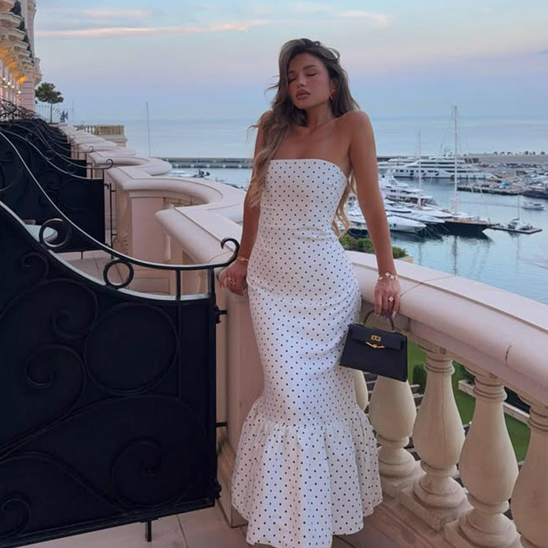 French Style Polka Dot Strapless Maxi Dress – High Waist Bow Tie Floor-Length Dress for Women