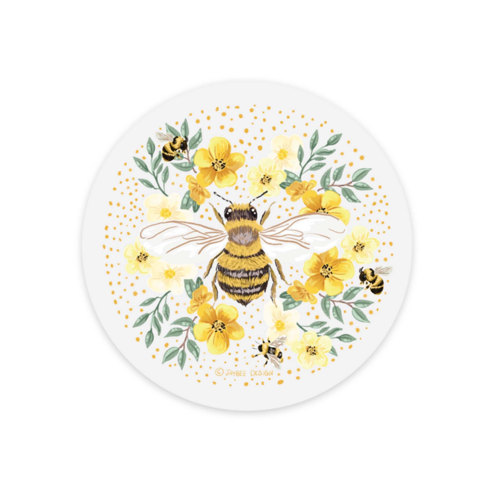 Bee W/ Florals Circular Clear Sticker