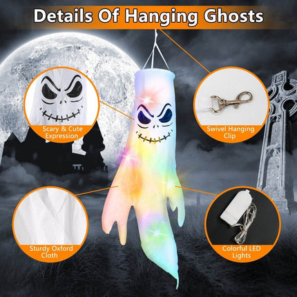 4Pcs Per Set Halloween Ghosts With Witch Hats Windsocks Hanging Decoration With Colorful LED Light Outdoor Flag Wind Socks Halloween Party Decoration For Yard Garden Tree