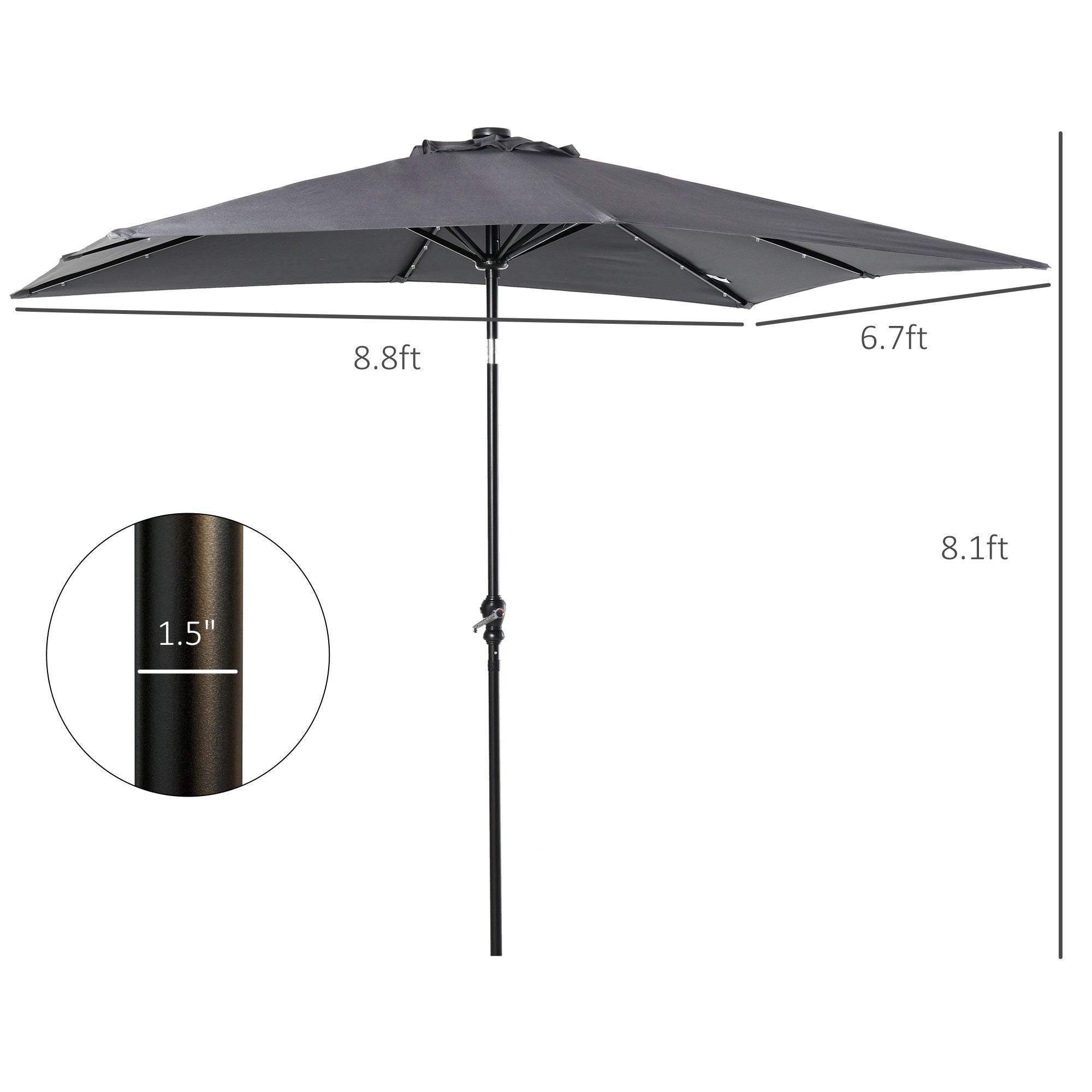 9 X 7 Ft Patio Umbrella Outdoor Table Market With Crank Solar LED Lights Tilt Button For Deck Dark Gray