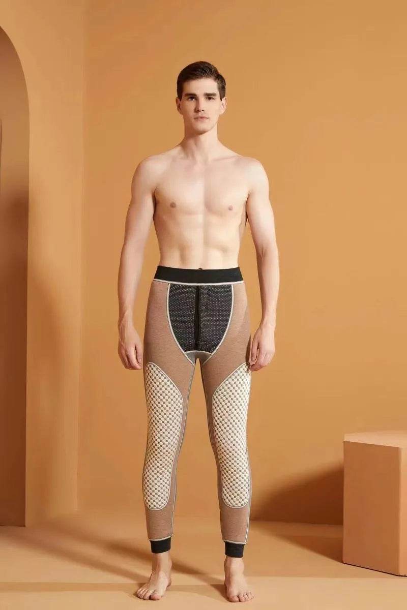 Men's Cotton Pants Graphene Waist Support Fleece-lined Long John Loungewear Sleepwear