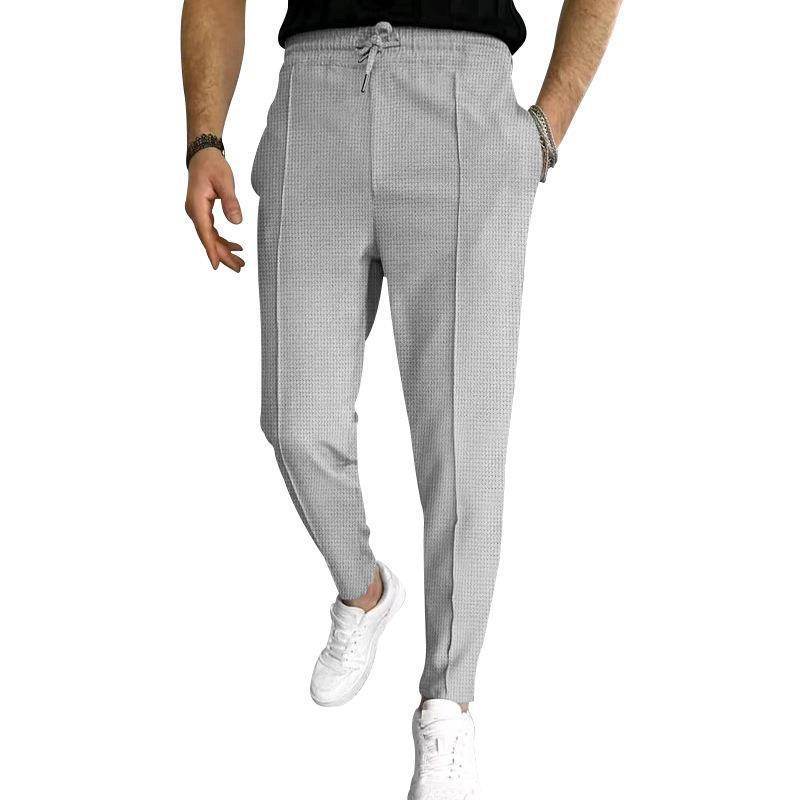Men's Casual Fashion Waffle High Waist Drawstring Elastic fitted straight leg Pant
