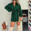 Elegant Women's Long Sleeve  Button down Shirt Dress  Fashionable Short Outfit Set Two piece Suit  Set