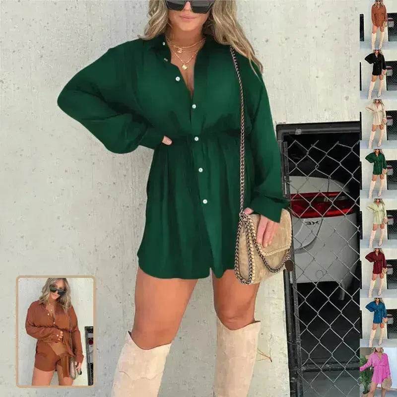 Elegant Women's Long Sleeve  Button down Shirt Dress  Fashionable Short Outfit Set Two piece Suit  Set