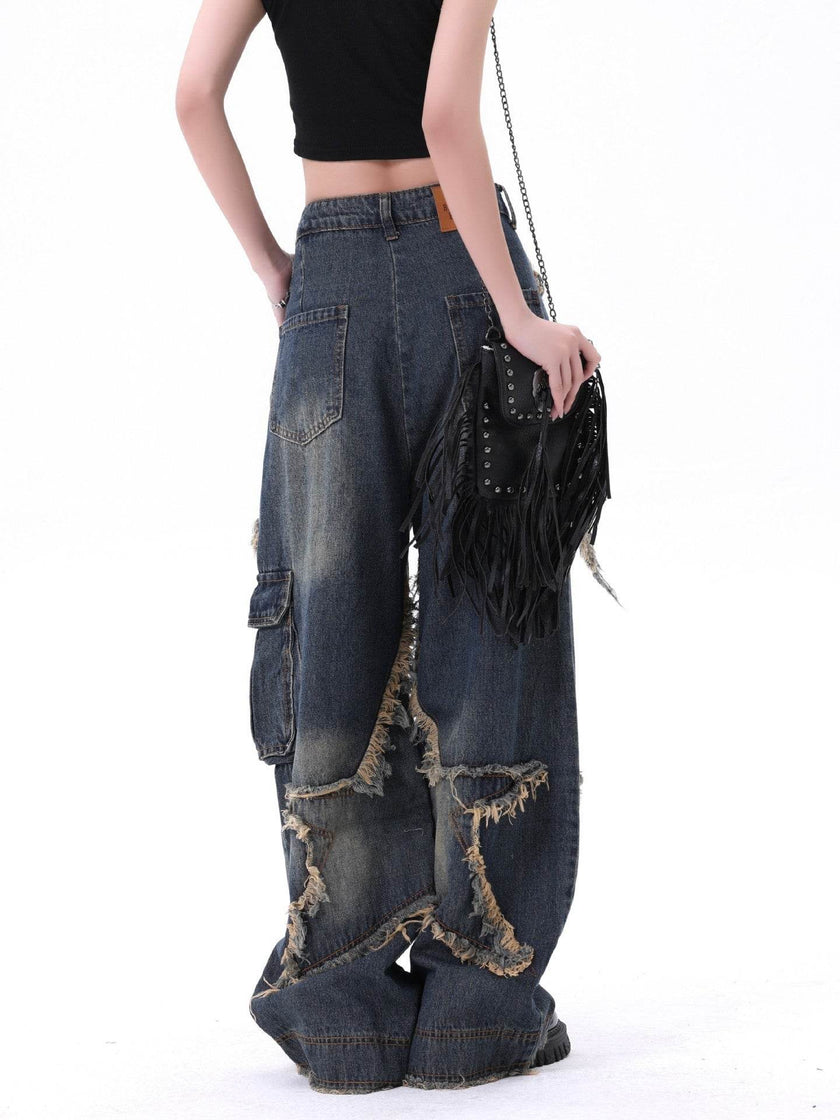 Distressed Denim Pant for women Oversized Streetstyle Patch Cargo Jeans Pant