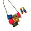 Colorful Statement Jewelry Set, Wide Necklace & Long Geometric Earrings, Pink Blue Yellow Grey