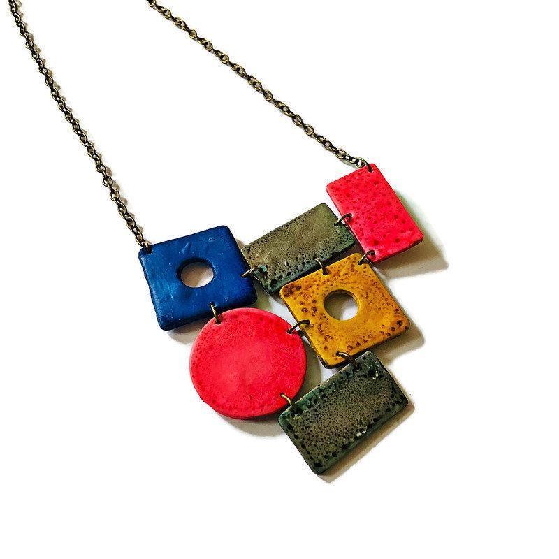 Colorful Statement Jewelry Set, Wide Necklace & Long Geometric Earrings, Pink Blue Yellow Grey