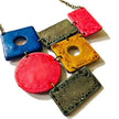 Colorful Statement Jewelry Set, Wide Necklace & Long Geometric Earrings, Pink Blue Yellow Grey