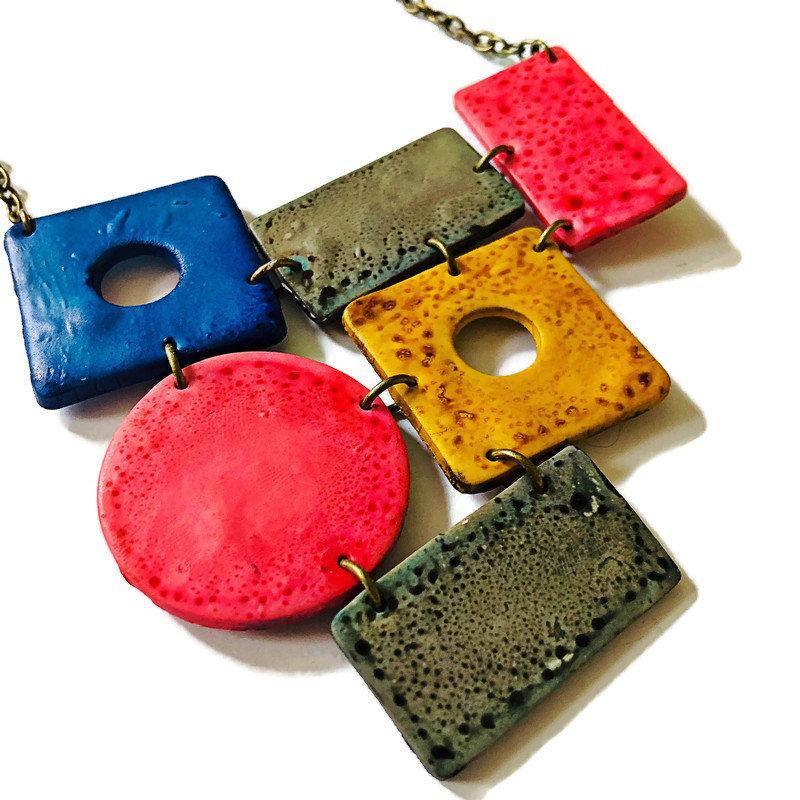 Colorful Statement Jewelry Set, Wide Necklace & Long Geometric Earrings, Pink Blue Yellow Grey