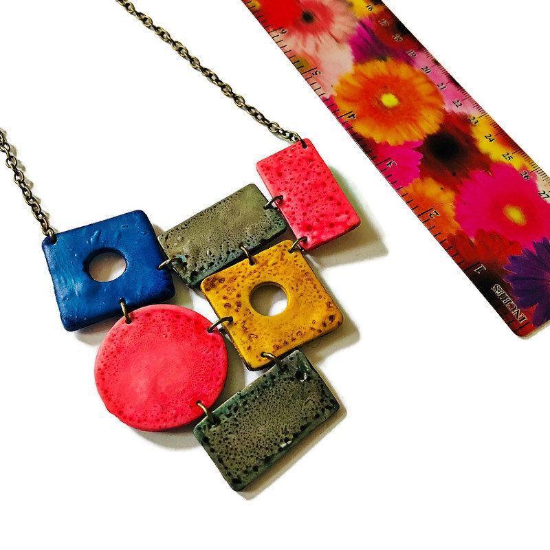 Colorful Statement Jewelry Set, Wide Necklace & Long Geometric Earrings, Pink Blue Yellow Grey
