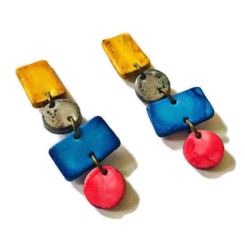 Colorful Statement Jewelry Set, Wide Necklace & Long Geometric Earrings, Pink Blue Yellow Grey