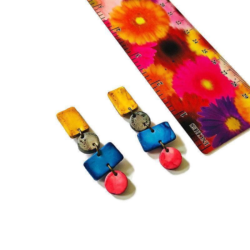 Colorful Statement Jewelry Set, Wide Necklace & Long Geometric Earrings, Pink Blue Yellow Grey