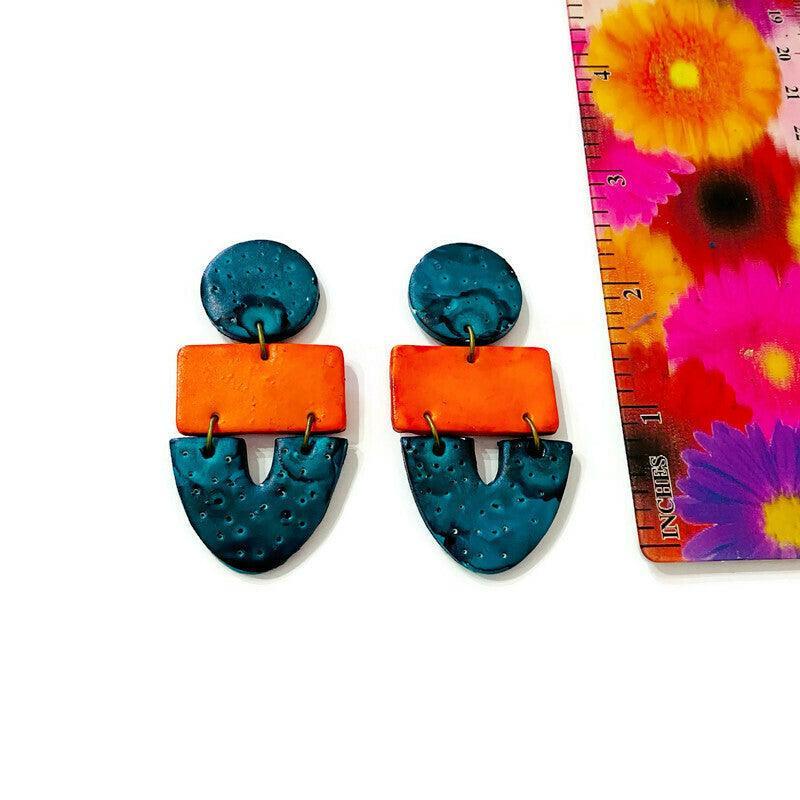 Big Statement Earring in Orange & Teal, Post or Clip On Earrings