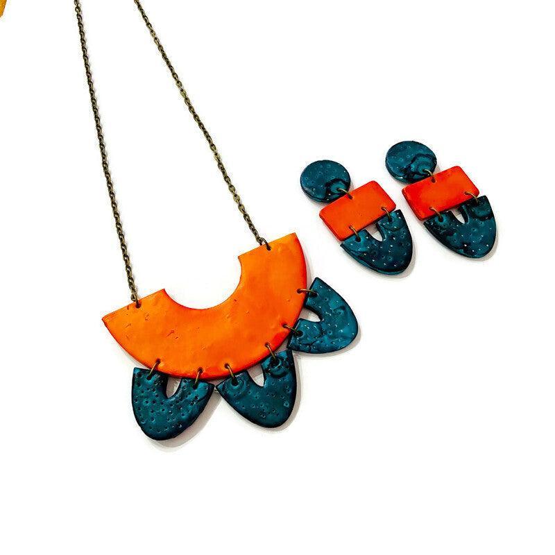 Big Statement Earring in Orange & Teal, Post or Clip On Earrings