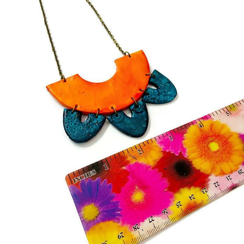 Big Statement Earring in Orange & Teal, Post or Clip On Earrings