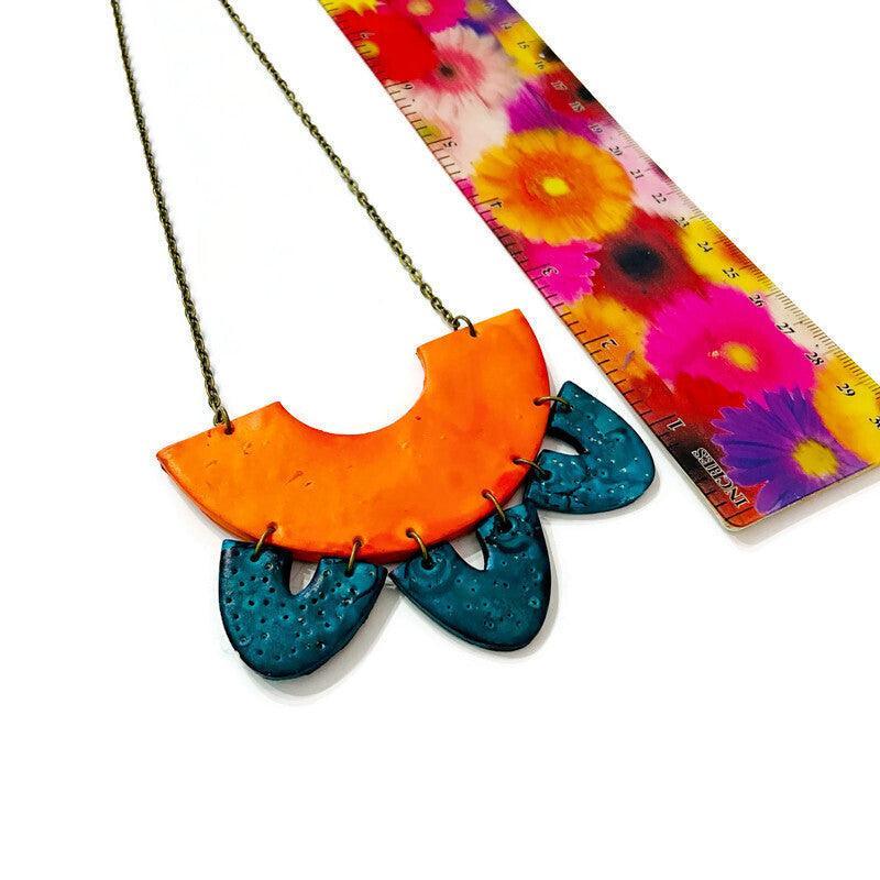 Big Statement Earring in Orange & Teal, Post or Clip On Earrings