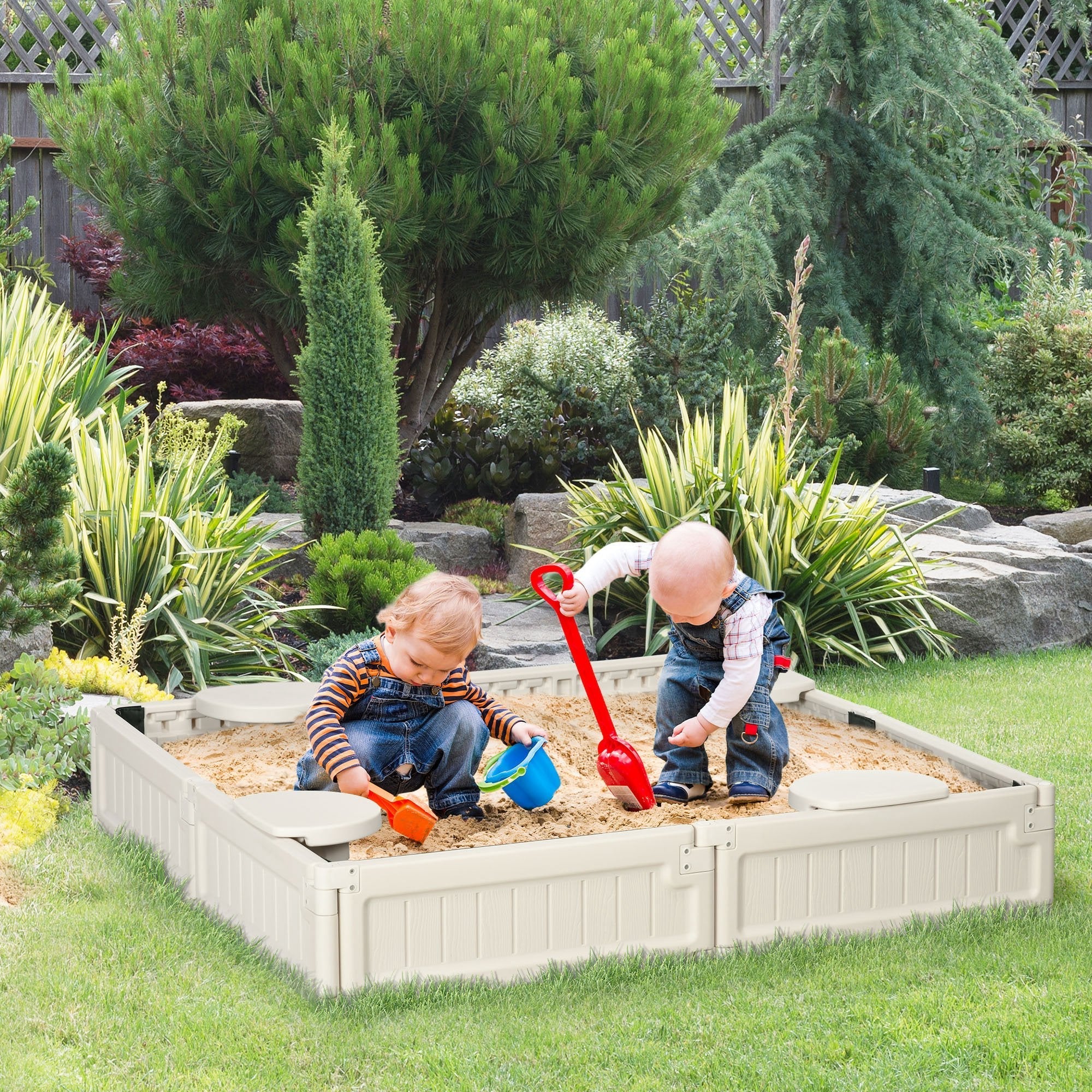 Outsunny Sandbox with Canopy for Kids Outdoor Play Area with Bottom Liner Protective Shade Cream White