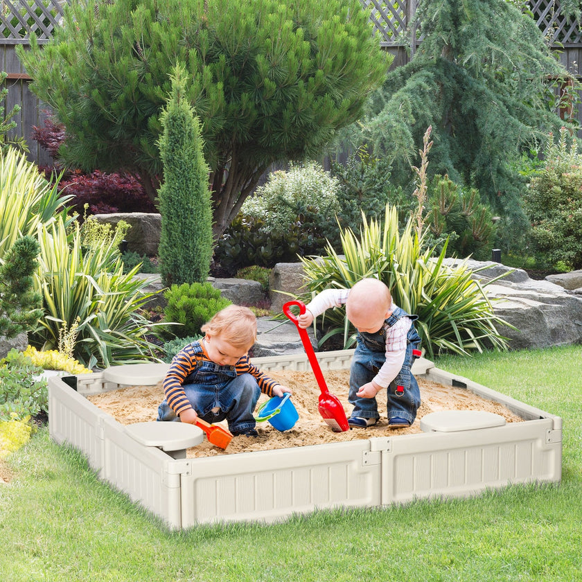 Outsunny Sandbox with Canopy for Kids Outdoor Play Area with Bottom Liner Protective Shade Cream White