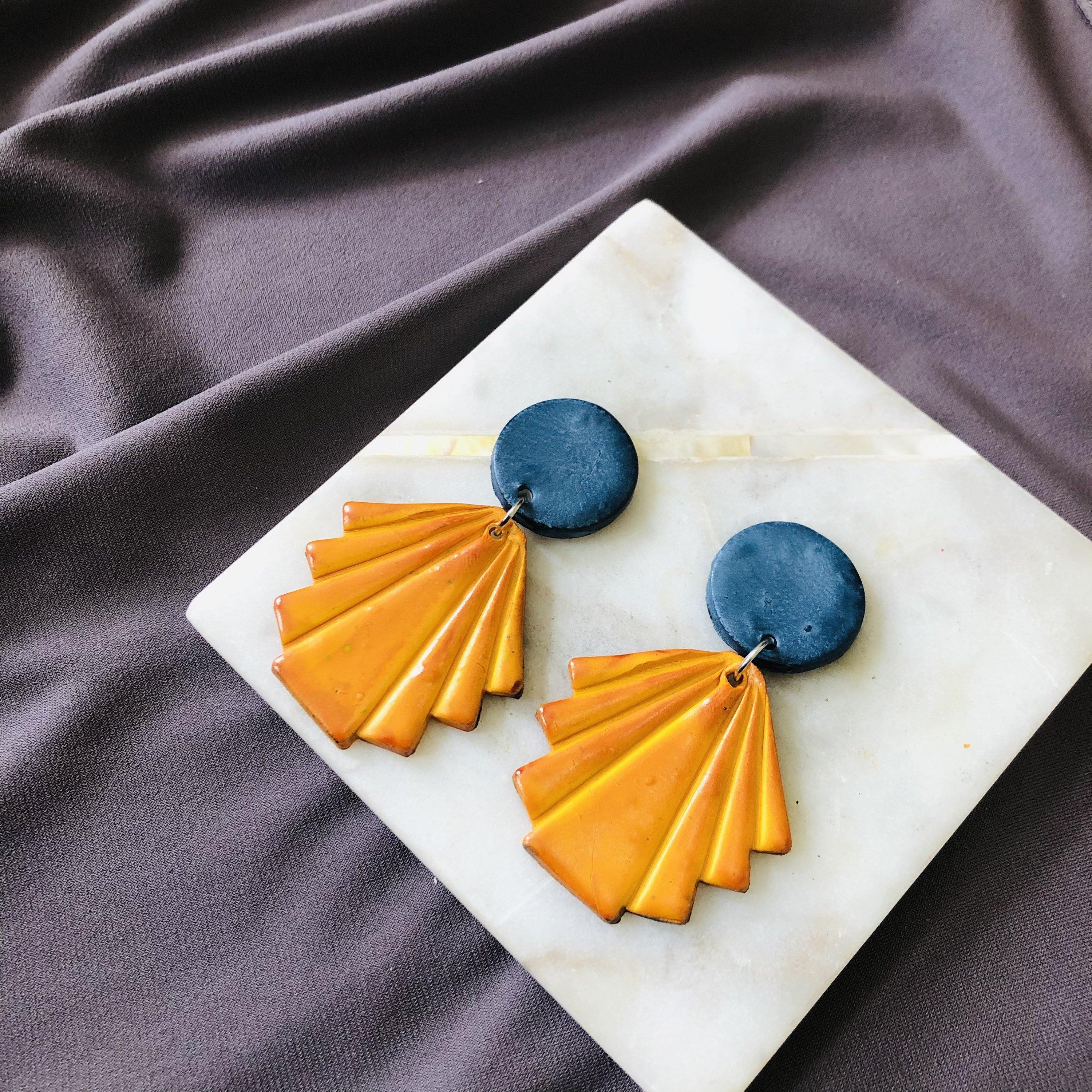 Geometric Fan Statement Earrings, Post or Clip On – 