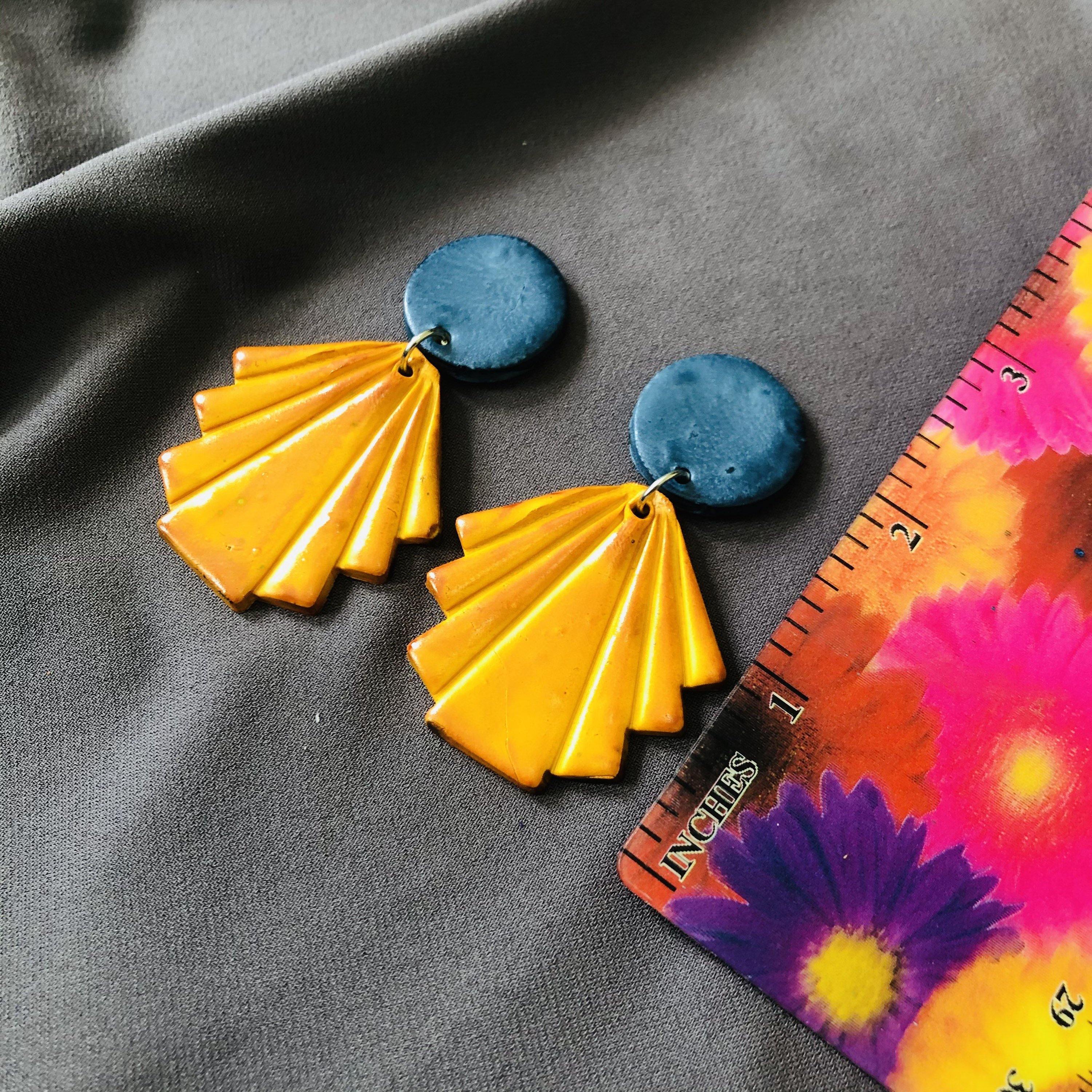 Geometric Fan Statement Earrings, Post or Clip On – 