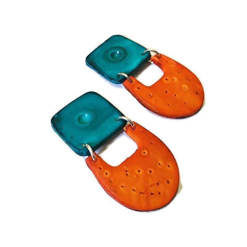 Two-Tone Geometric Statement Earrings, Post or Clip On – 