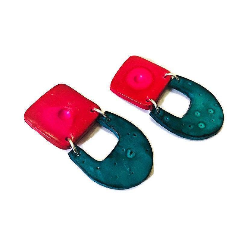 Two-Tone Geometric Statement Earrings, Post or Clip On – 