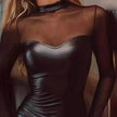 Black Mesh Stitching Slim Fit Sheath Leather Mini Dress