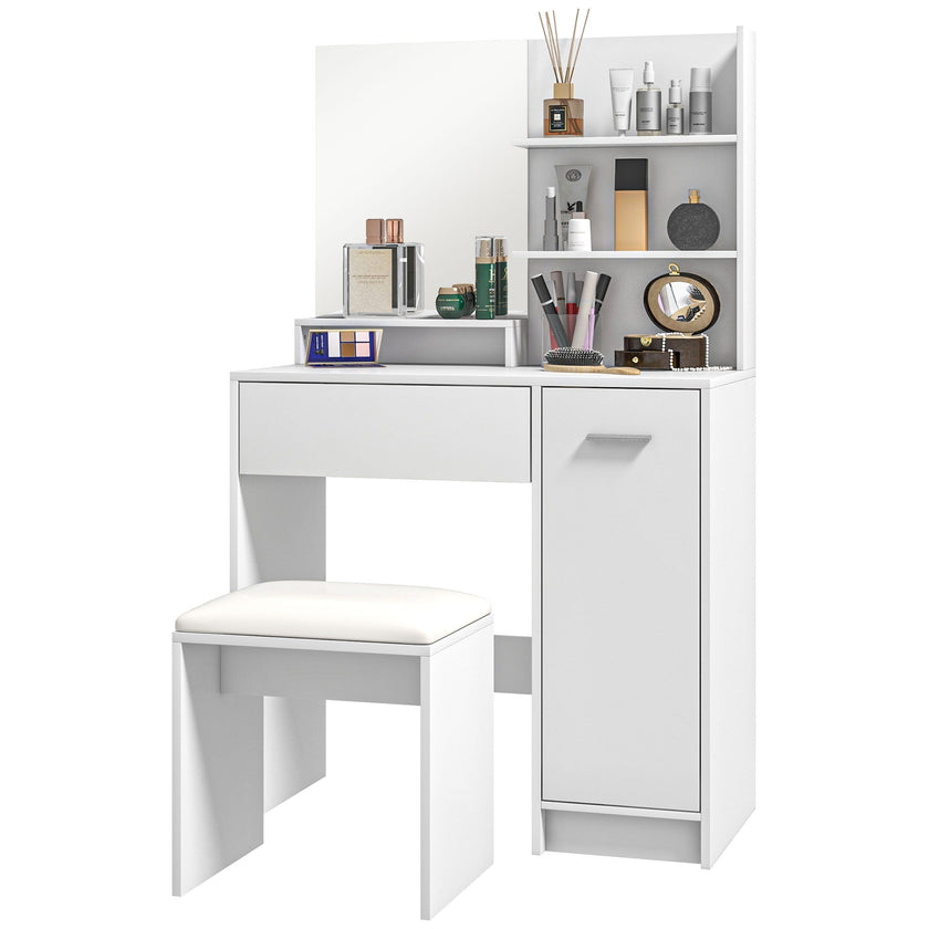 Elise Makeup Vanity Set with Mirror, Stool and Adjustable Shelves-White