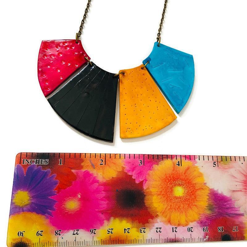 Bold Fringe Statement Necklace, Four-Piece Bib, Handmade Polymer Clay