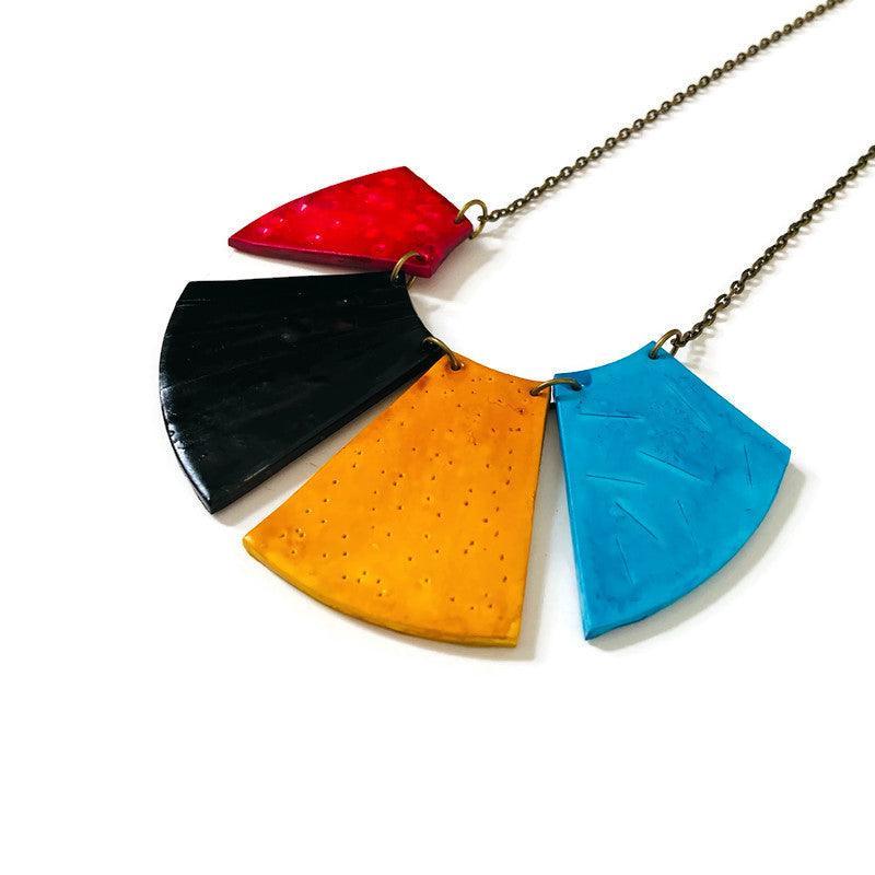 Bold Fringe Statement Necklace, Four-Piece Bib, Handmade Polymer Clay