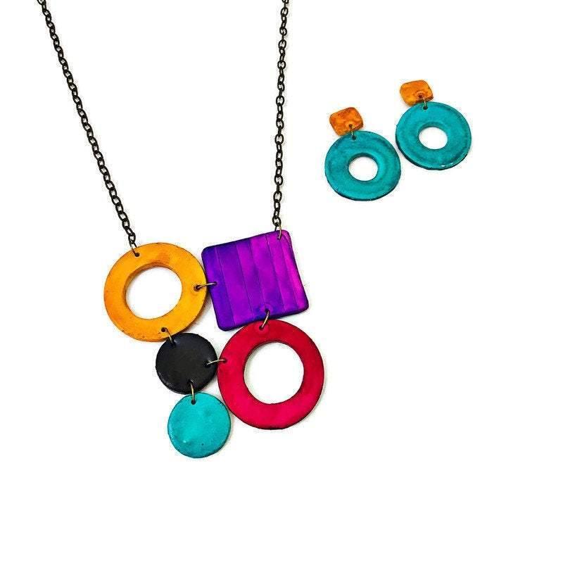 Bold Retro Statement Necklace with Multicolored Geometric Design, Clay Hand Painted