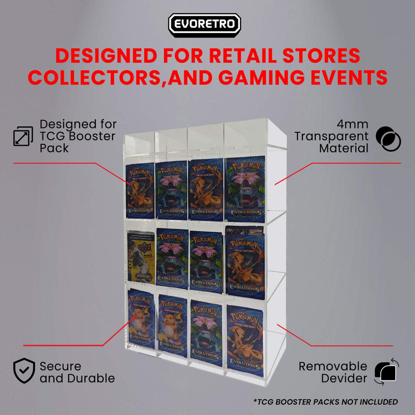 EVORETRO Acrylic Display Stand for Booster  DispenserPacks – Retail Counter Unit with Top Shelf
