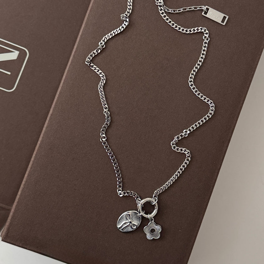 Bow and Flower Necklace- Silver