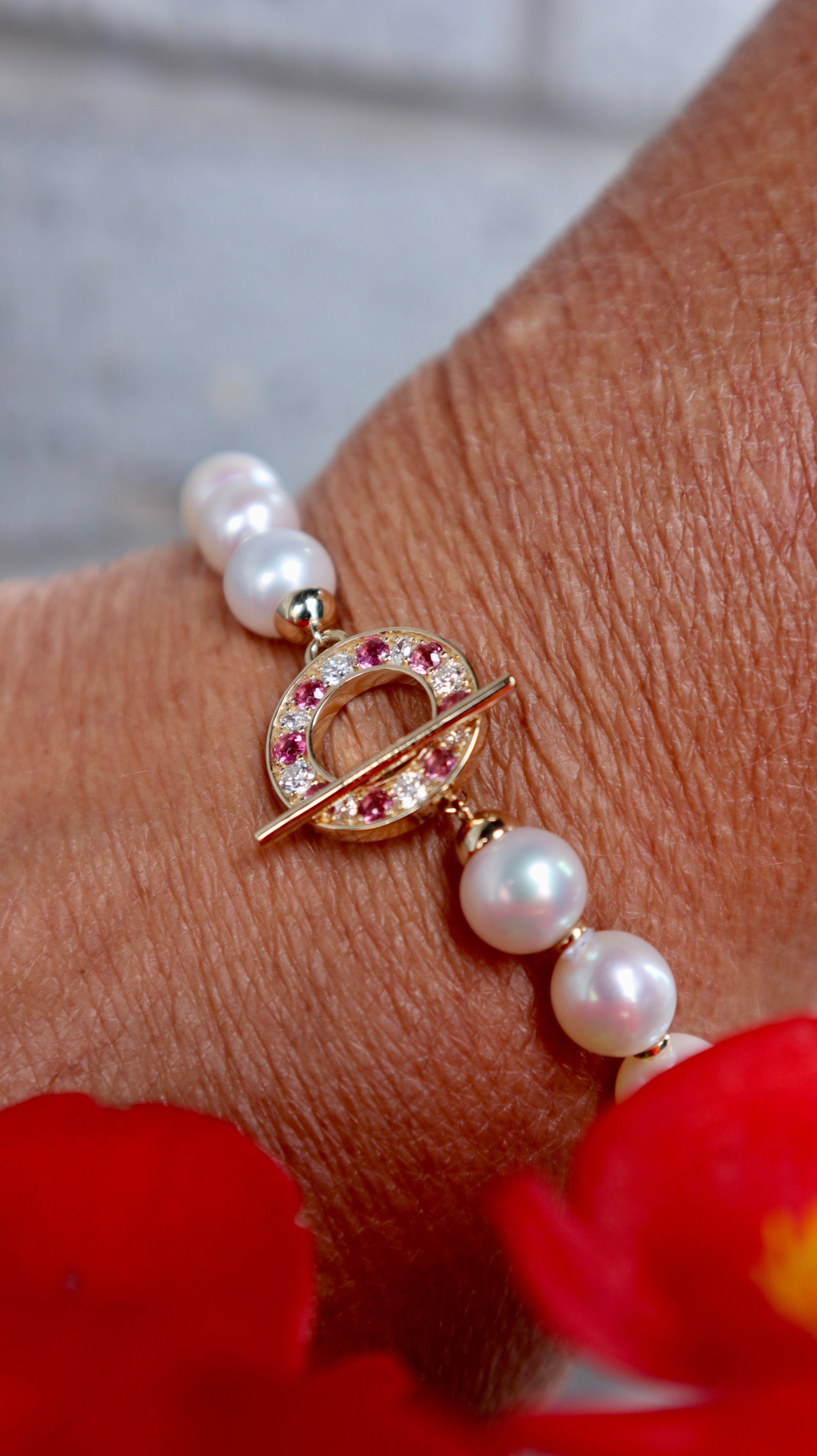 Bracelet de perles d'eau douce, or 14K serti de tourmalines et diamants