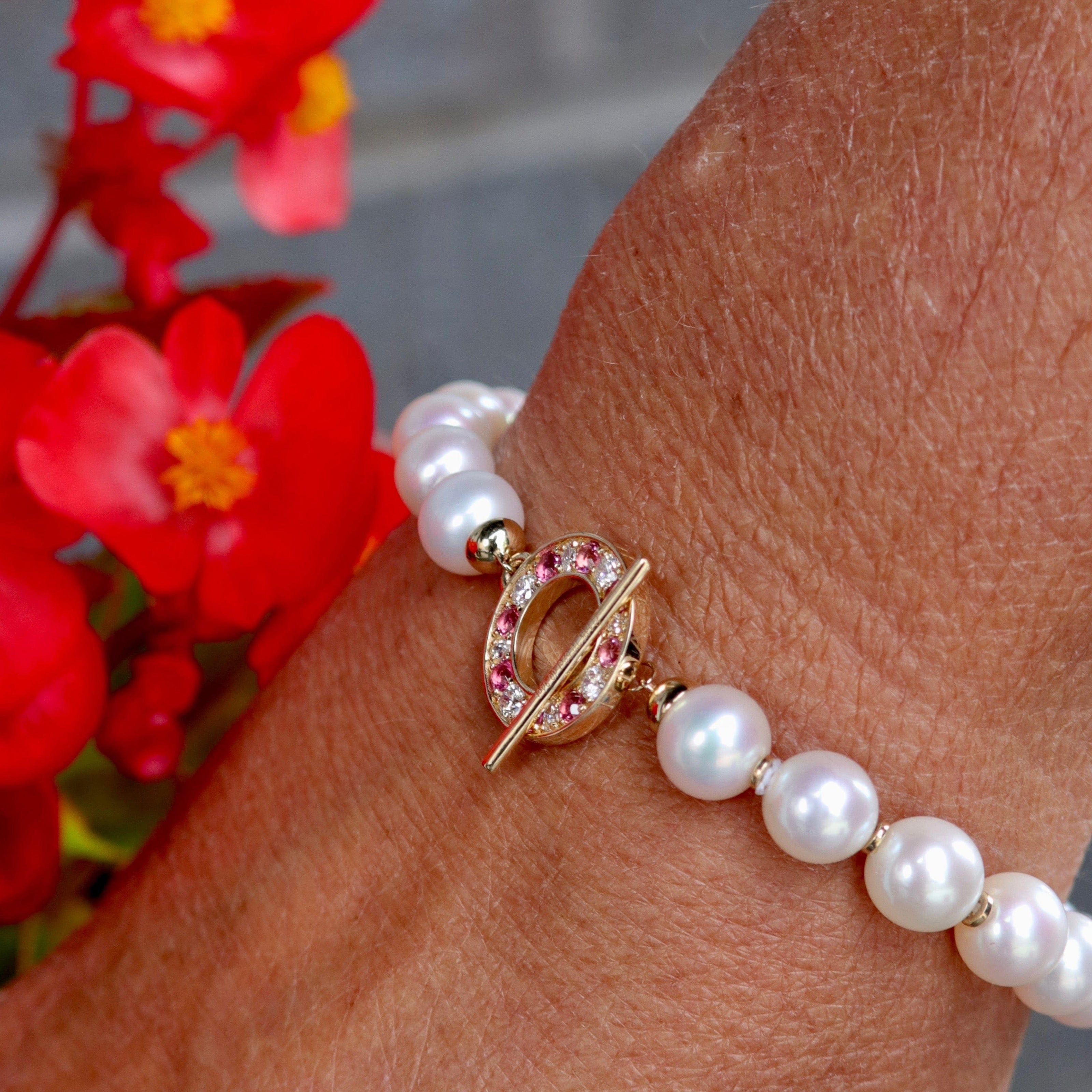 Bracelet de perles d'eau douce, or 14K serti de tourmalines et diamants
